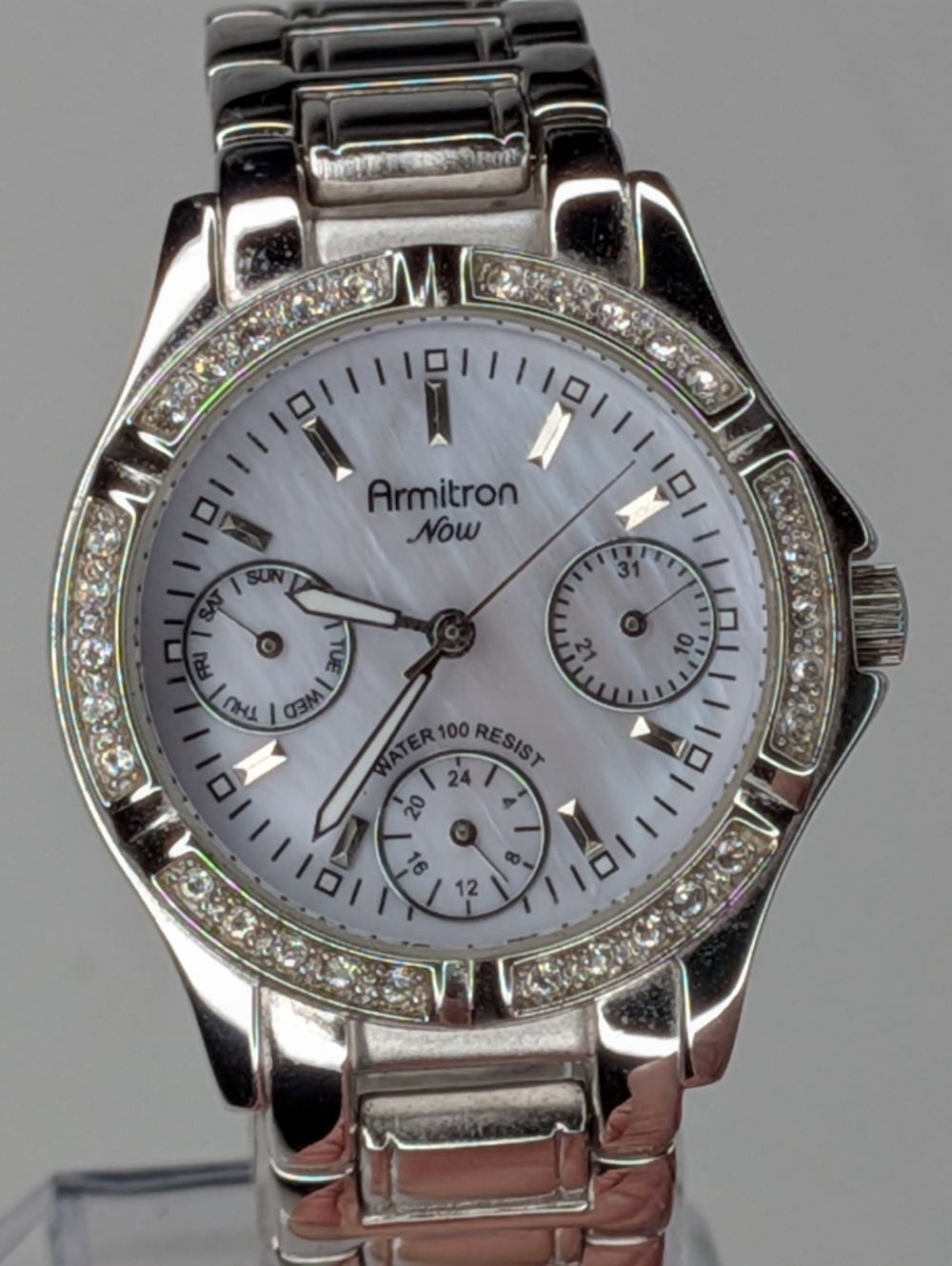 Armitron Now Watch Silver Tone Mother of Pearl Crystal Bezel Water Resistant - Picture 2 of 11